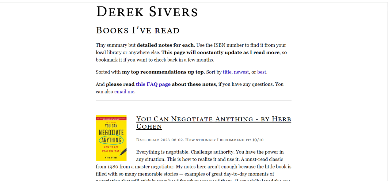 Liste de Derek Sivers Capture écran de Phrenssynnes)