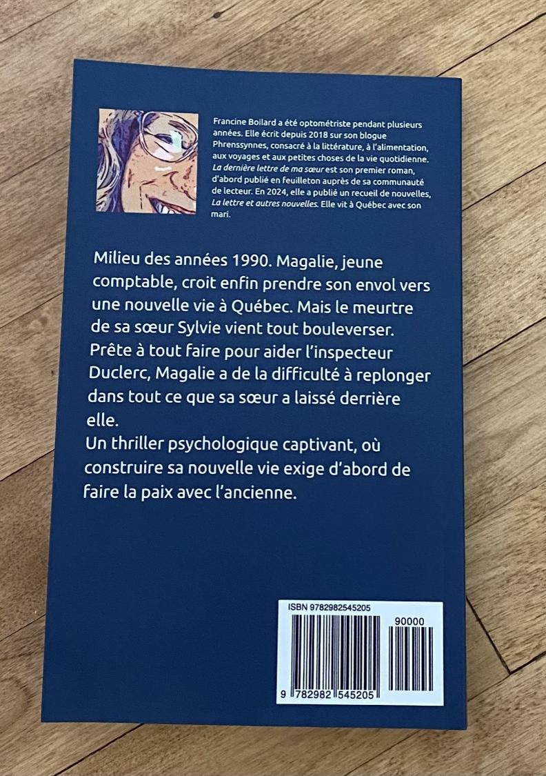 Quatrième de couverture du livre de Francine Boilard(crédit photo Phrenssynnes)
